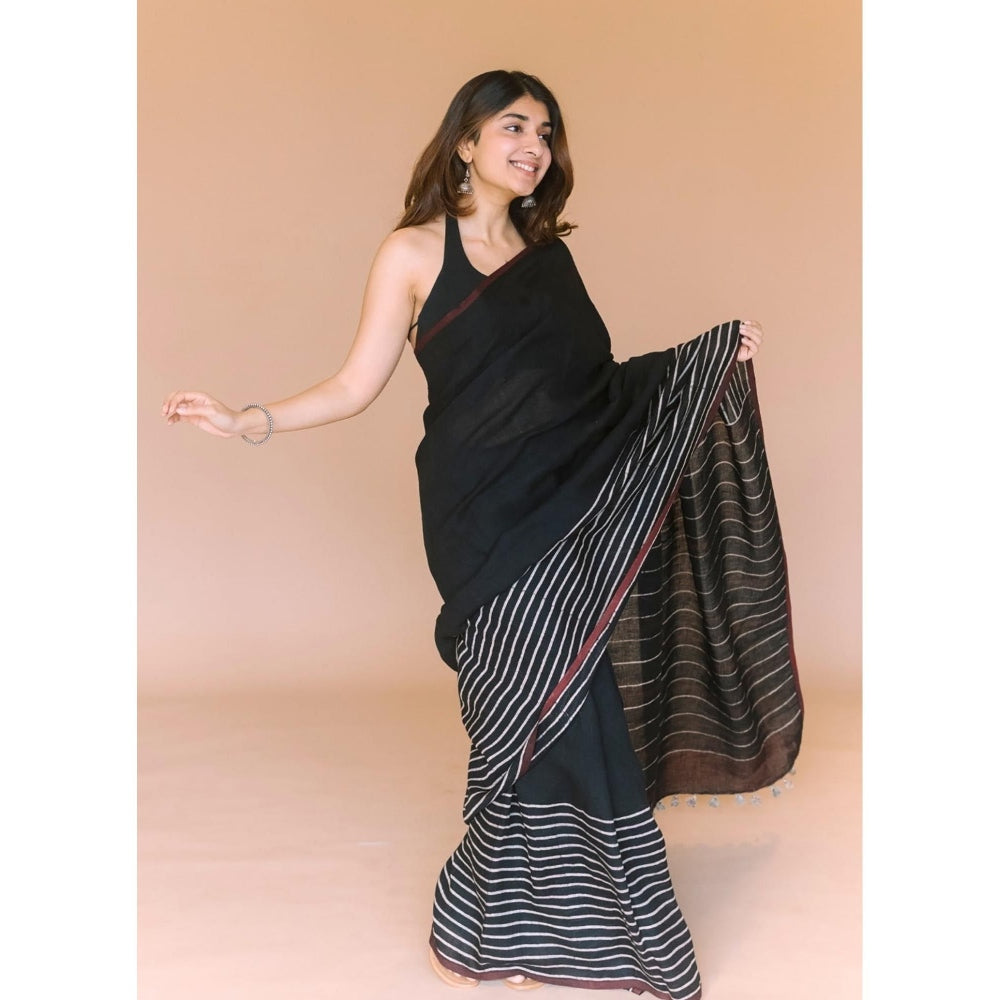 The Indian Ethnic Co. Black Ajrakh Hand Block Print Linen Saree with Unstitched Blouse