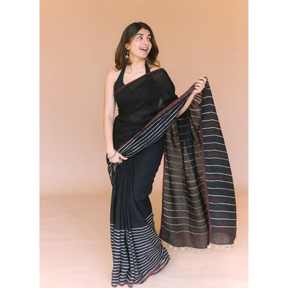 The Indian Ethnic Co. Black Ajrakh Hand Block Print Linen Saree with Unstitched Blouse