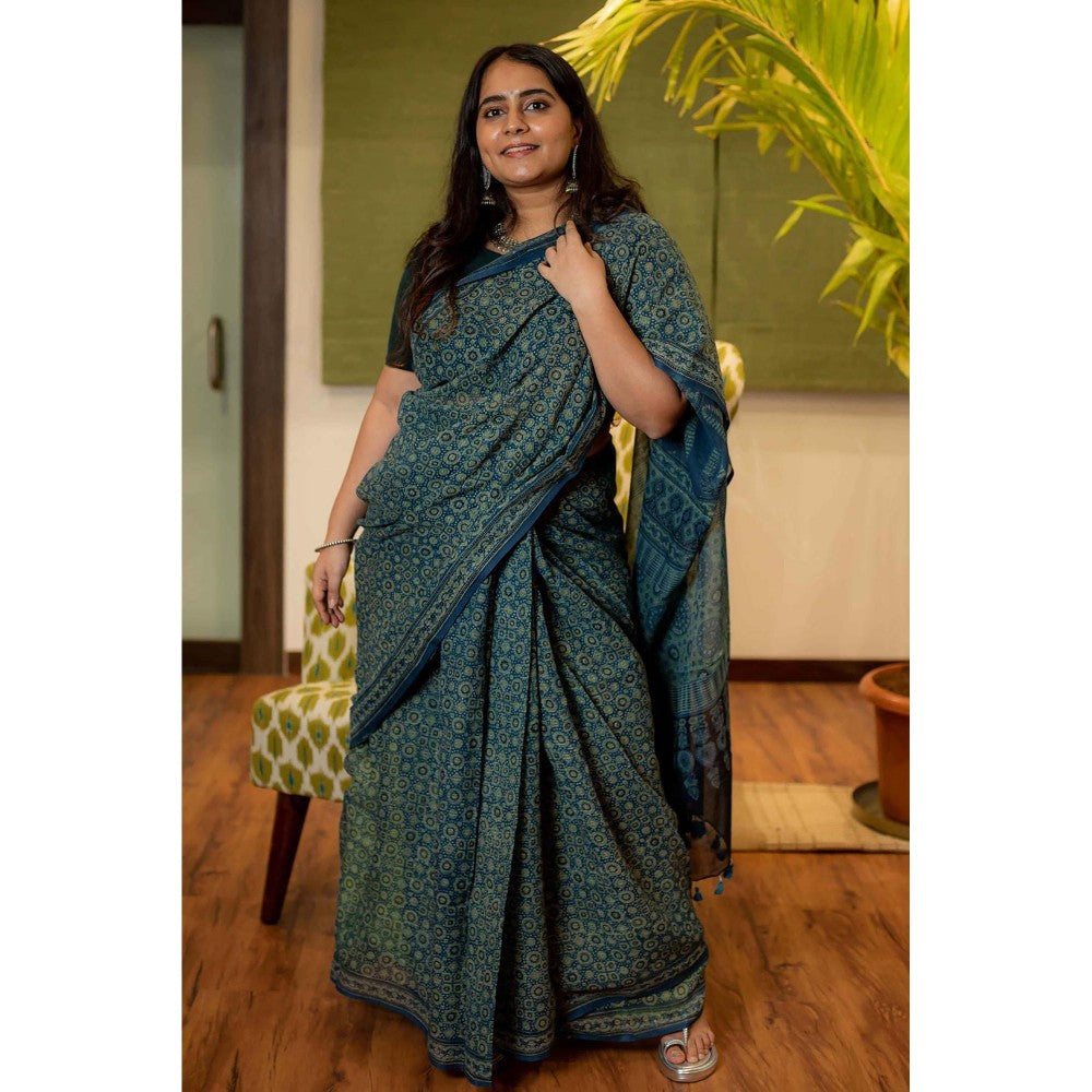 The Indian Ethnic Co. Ajrakh Natural Dyed Kota Doria Saree with Unstitched Blouse