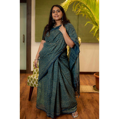 The Indian Ethnic Co. Ajrakh Natural Dyed Kota Doria Saree with Unstitched Blouse