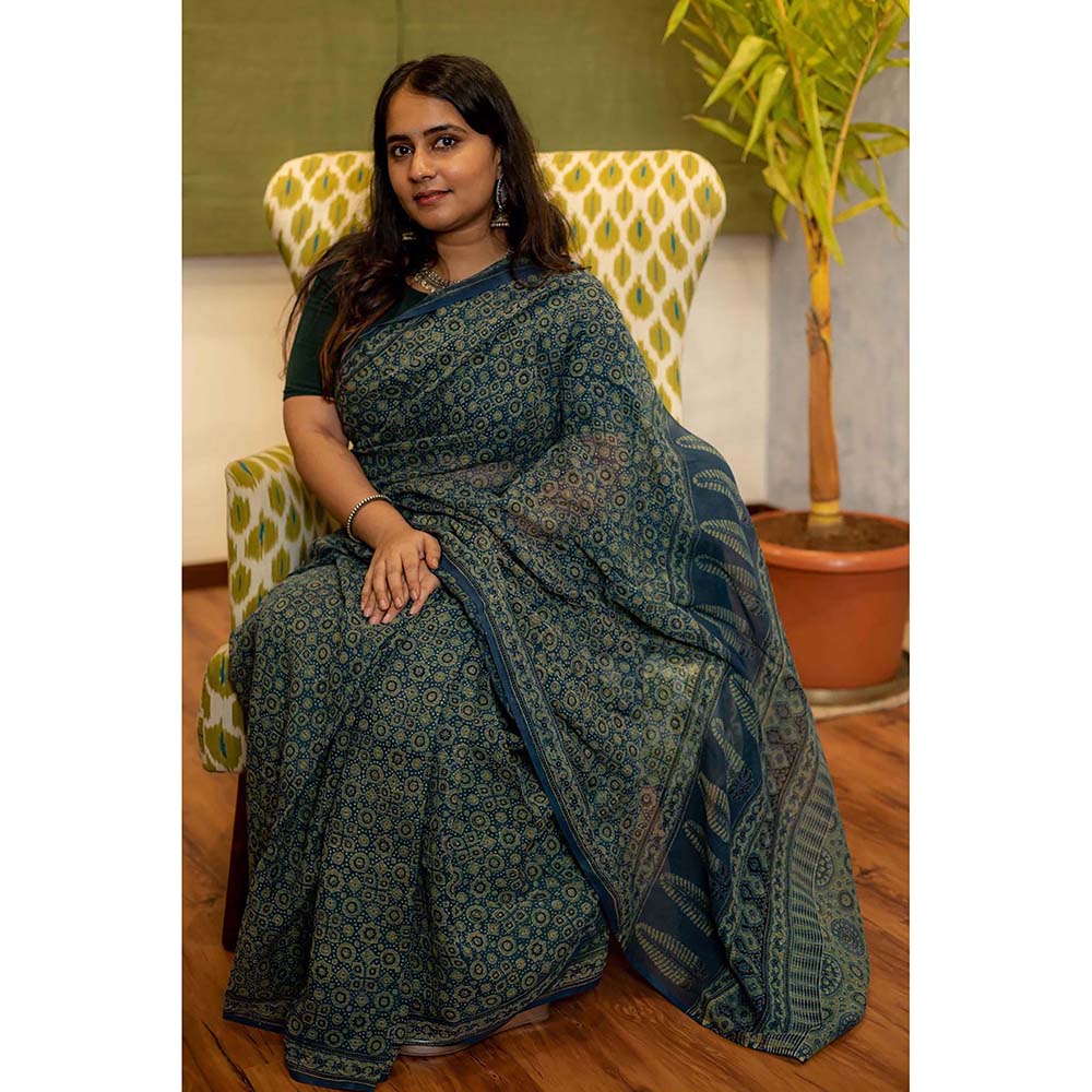 The Indian Ethnic Co. Ajrakh Natural Dyed Kota Doria Saree with Unstitched Blouse