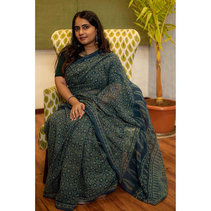 The Indian Ethnic Co. Ajrakh Natural Dyed Kota Doria Saree with Unstitched Blouse