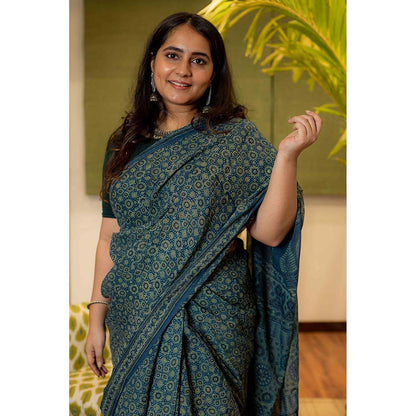 The Indian Ethnic Co. Ajrakh Natural Dyed Kota Doria Saree with Unstitched Blouse