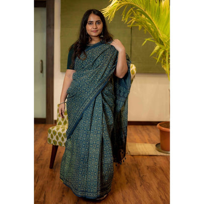 The Indian Ethnic Co. Ajrakh Natural Dyed Kota Doria Saree with Unstitched Blouse