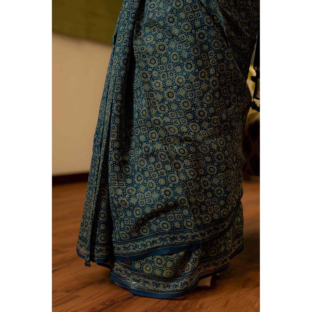 The Indian Ethnic Co. Ajrakh Natural Dyed Kota Doria Saree with Unstitched Blouse