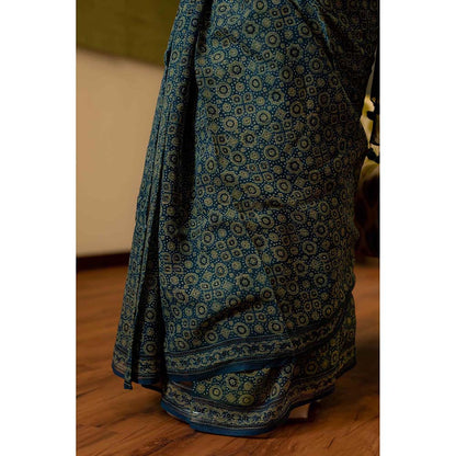 The Indian Ethnic Co. Ajrakh Natural Dyed Kota Doria Saree with Unstitched Blouse
