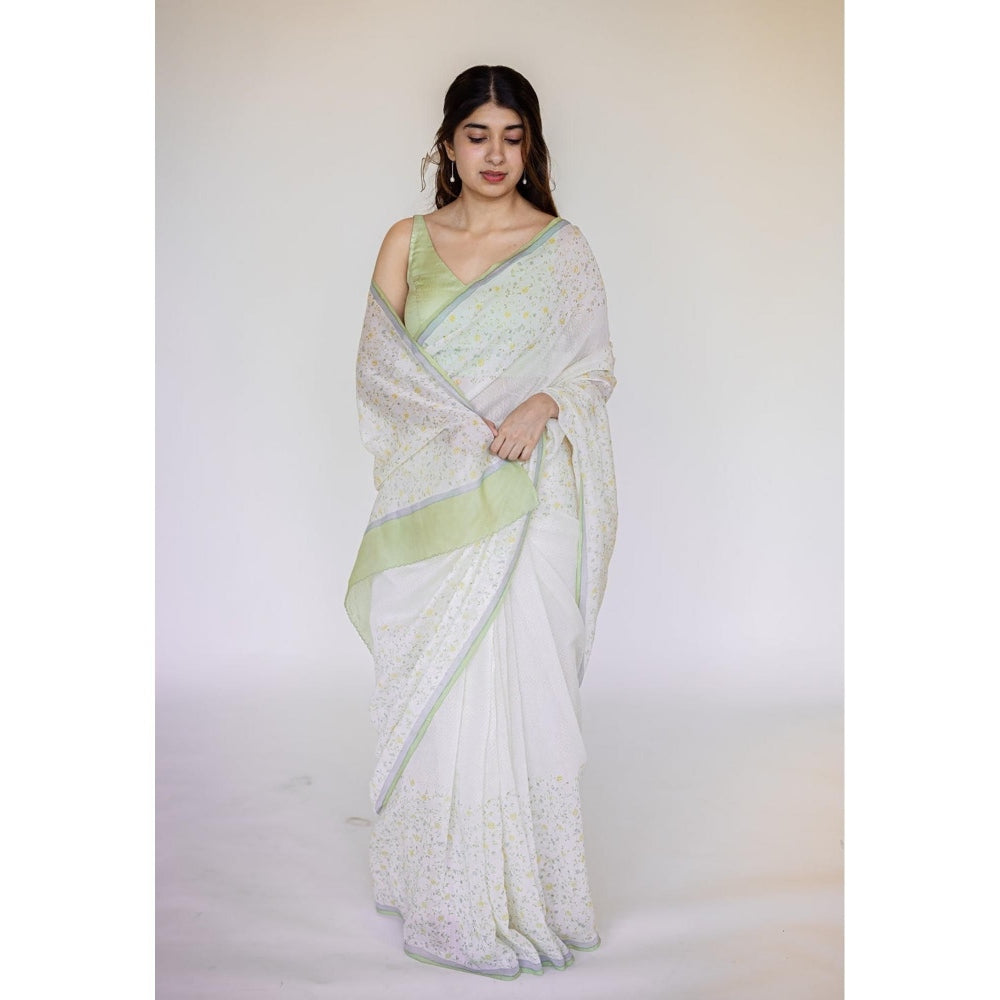 The Indian Ethnic Co. White Print Chanderi Saree with Unstitched Blouse