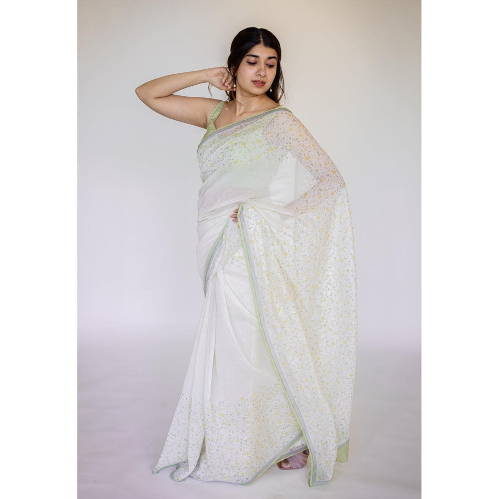 The Indian Ethnic Co. White Print Chanderi Saree with Unstitched Blouse