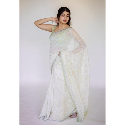 The Indian Ethnic Co. White Print Chanderi Saree with Unstitched Blouse