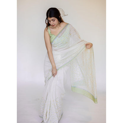 The Indian Ethnic Co. White Print Chanderi Saree with Unstitched Blouse