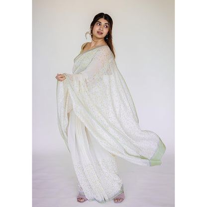 The Indian Ethnic Co. White Print Chanderi Saree with Unstitched Blouse