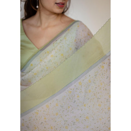 The Indian Ethnic Co. White Print Chanderi Saree with Unstitched Blouse