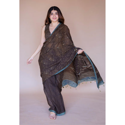 The Indian Ethnic Co. Brown Boat Ajrakh Hand Block Print Mul Saree with Unstitched Blouse