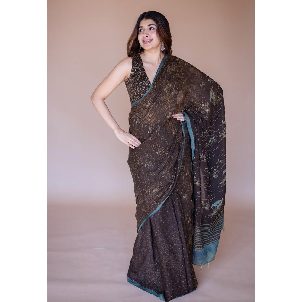 The Indian Ethnic Co. Brown Boat Ajrakh Hand Block Print Mul Saree with Unstitched Blouse
