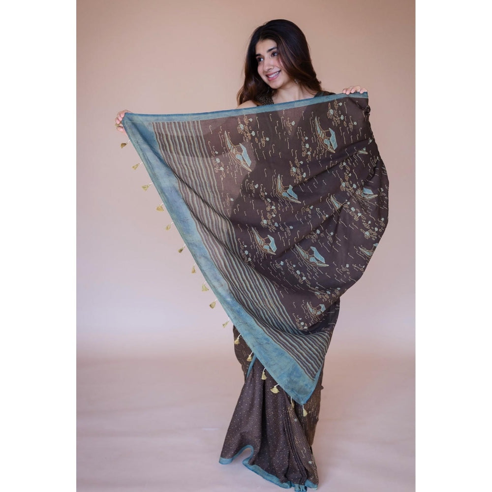 The Indian Ethnic Co. Brown Boat Ajrakh Hand Block Print Mul Saree with Unstitched Blouse