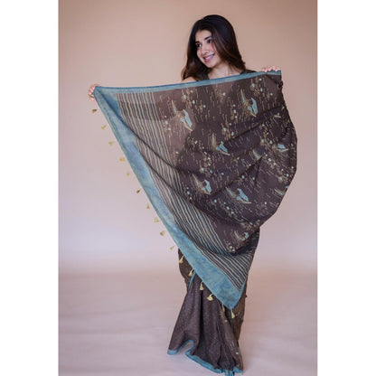 The Indian Ethnic Co. Brown Boat Ajrakh Hand Block Print Mul Saree with Unstitched Blouse