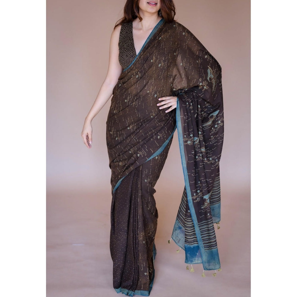 The Indian Ethnic Co. Brown Boat Ajrakh Hand Block Print Mul Saree with Unstitched Blouse