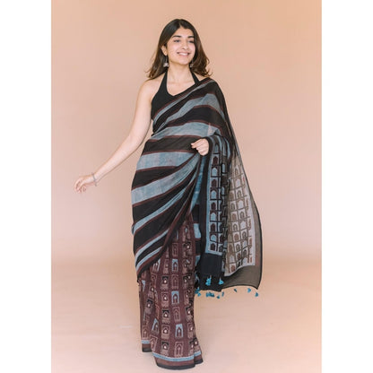 The Indian Ethnic Co. Jharoka Ajrakh Hand Block Print Chanderi Saree with Unstitched Blouse