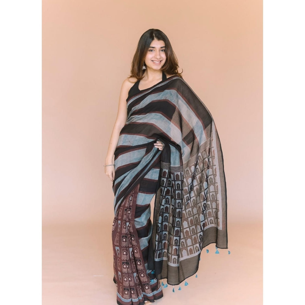 The Indian Ethnic Co. Jharoka Ajrakh Hand Block Print Chanderi Saree with Unstitched Blouse