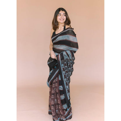 The Indian Ethnic Co. Jharoka Ajrakh Hand Block Print Chanderi Saree with Unstitched Blouse