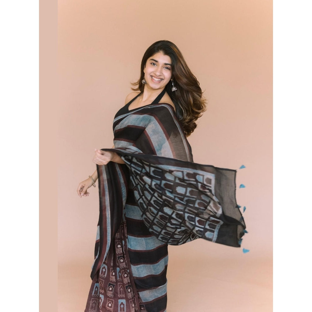 The Indian Ethnic Co. Jharoka Ajrakh Hand Block Print Chanderi Saree with Unstitched Blouse