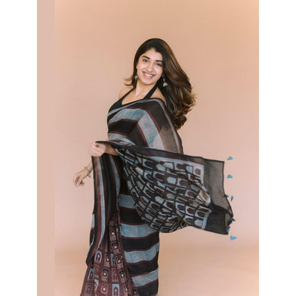 The Indian Ethnic Co. Jharoka Ajrakh Hand Block Print Chanderi Saree with Unstitched Blouse