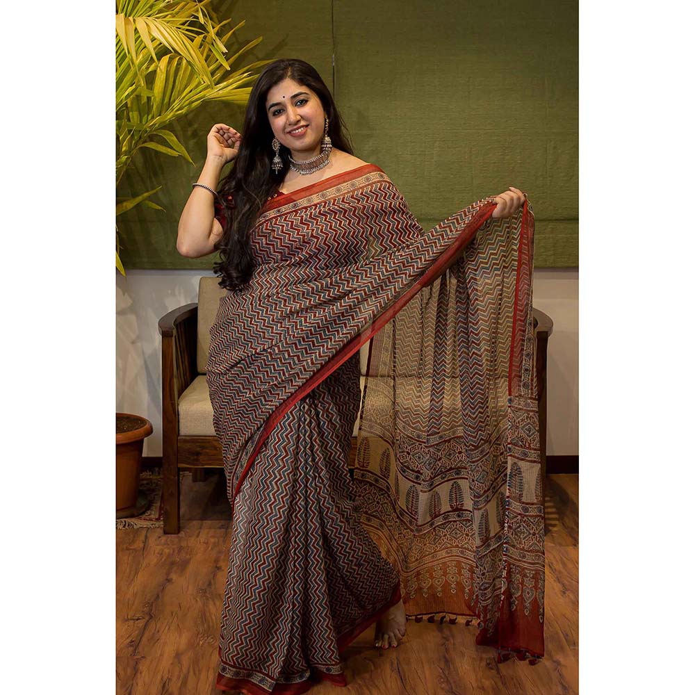 The Indian Ethnic Co. Ajrakh Natural Dyed Kota Doria Saree with Unstitched Blouse