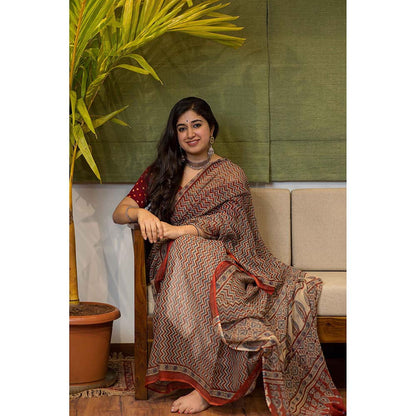 The Indian Ethnic Co. Ajrakh Natural Dyed Kota Doria Saree with Unstitched Blouse
