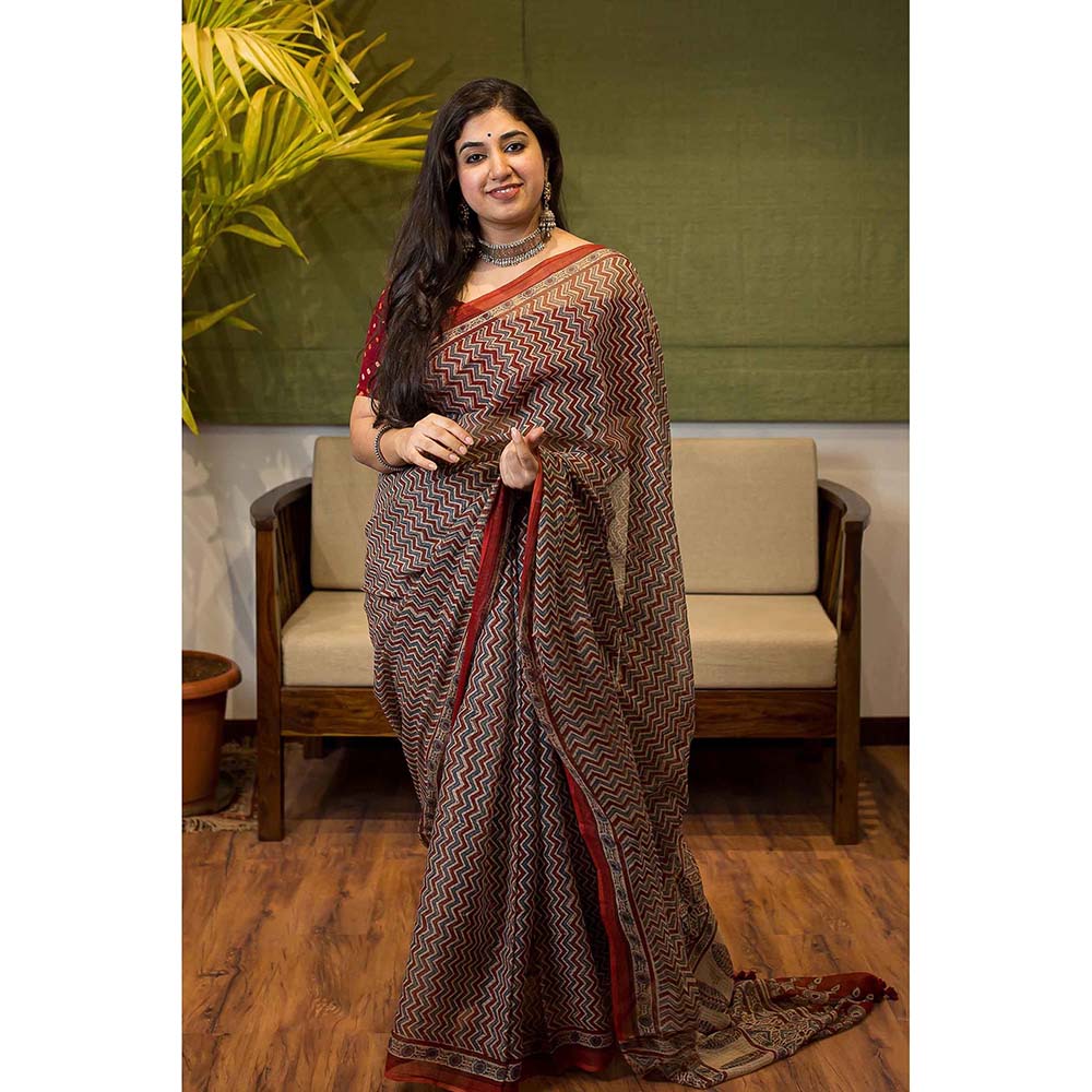 The Indian Ethnic Co. Ajrakh Natural Dyed Kota Doria Saree with Unstitched Blouse