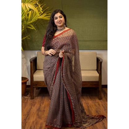 The Indian Ethnic Co. Ajrakh Natural Dyed Kota Doria Saree with Unstitched Blouse