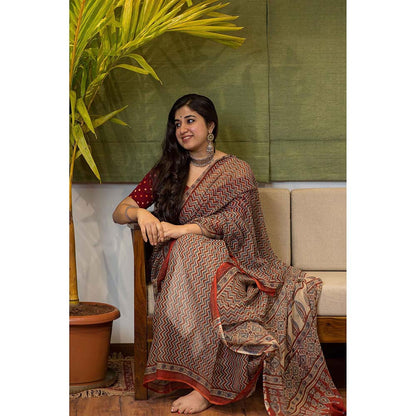 The Indian Ethnic Co. Ajrakh Natural Dyed Kota Doria Saree with Unstitched Blouse