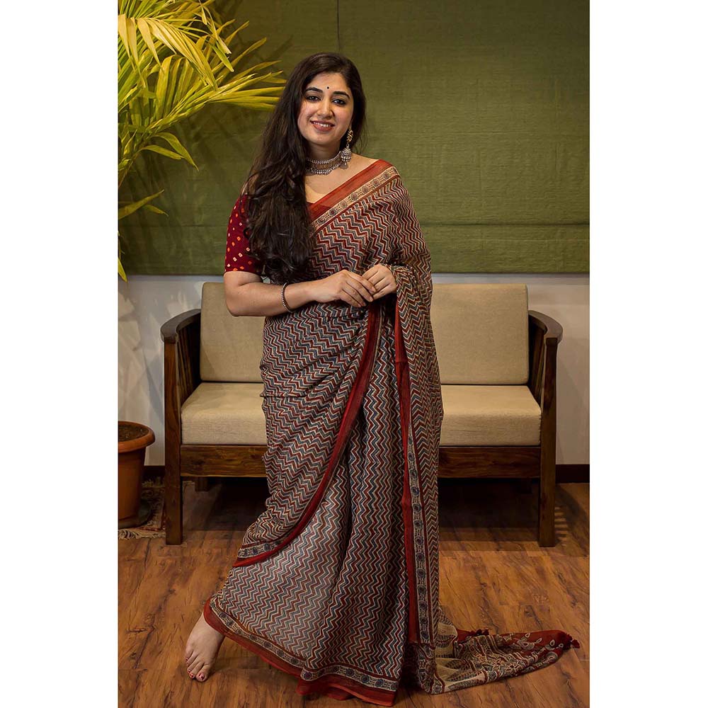The Indian Ethnic Co. Ajrakh Natural Dyed Kota Doria Saree with Unstitched Blouse