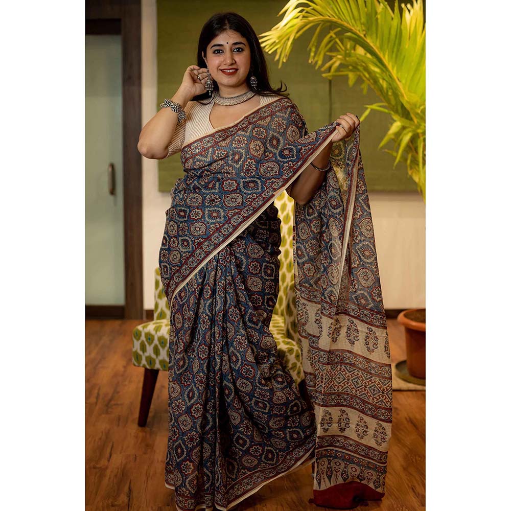 The Indian Ethnic Co. Ajrakh Natural Dyed Kota Doria Saree with Unstitched Blouse