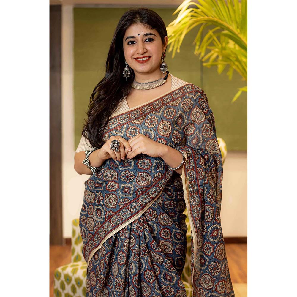 The Indian Ethnic Co. Ajrakh Natural Dyed Kota Doria Saree with Unstitched Blouse