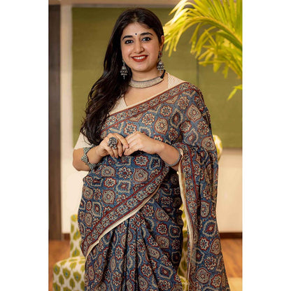 The Indian Ethnic Co. Ajrakh Natural Dyed Kota Doria Saree with Unstitched Blouse