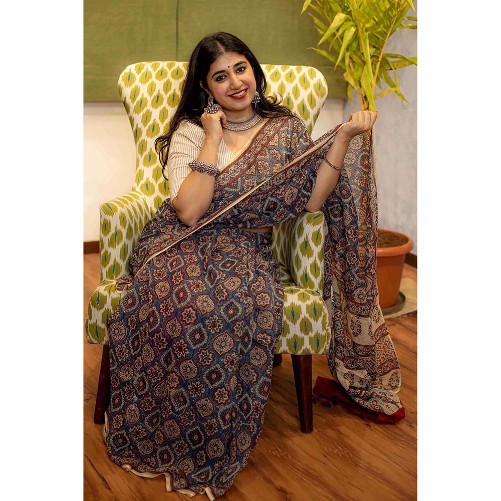 The Indian Ethnic Co. Ajrakh Natural Dyed Kota Doria Saree with Unstitched Blouse