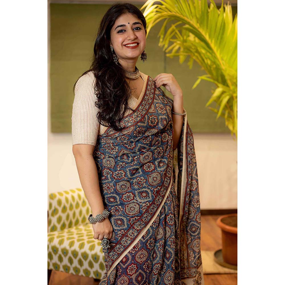 The Indian Ethnic Co. Ajrakh Natural Dyed Kota Doria Saree with Unstitched Blouse