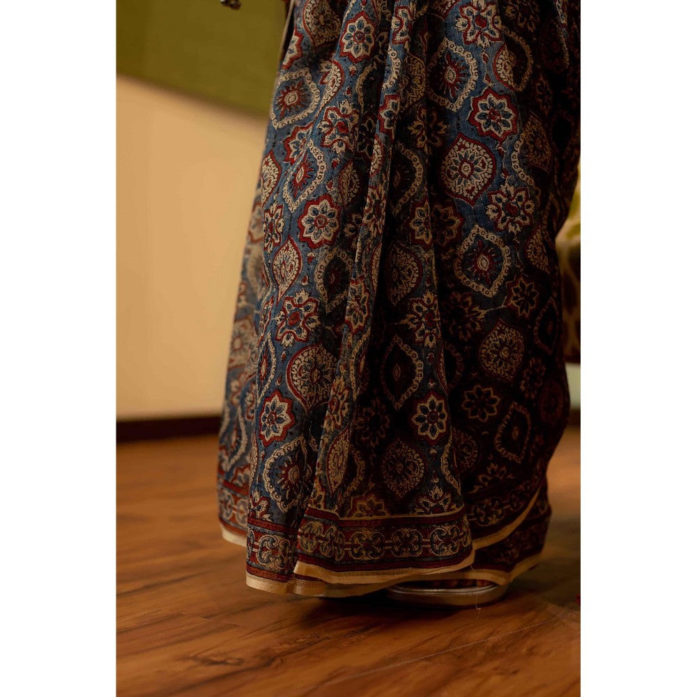 The Indian Ethnic Co. Ajrakh Natural Dyed Kota Doria Saree with Unstitched Blouse