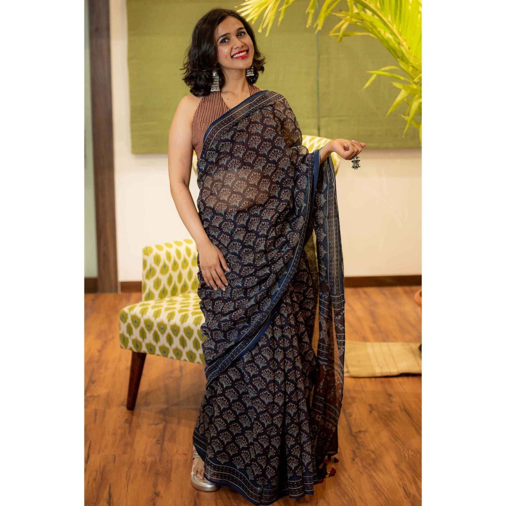 The Indian Ethnic Co. Ajrakh Natural Dyed Kota Doria Saree with Unstitched Blouse