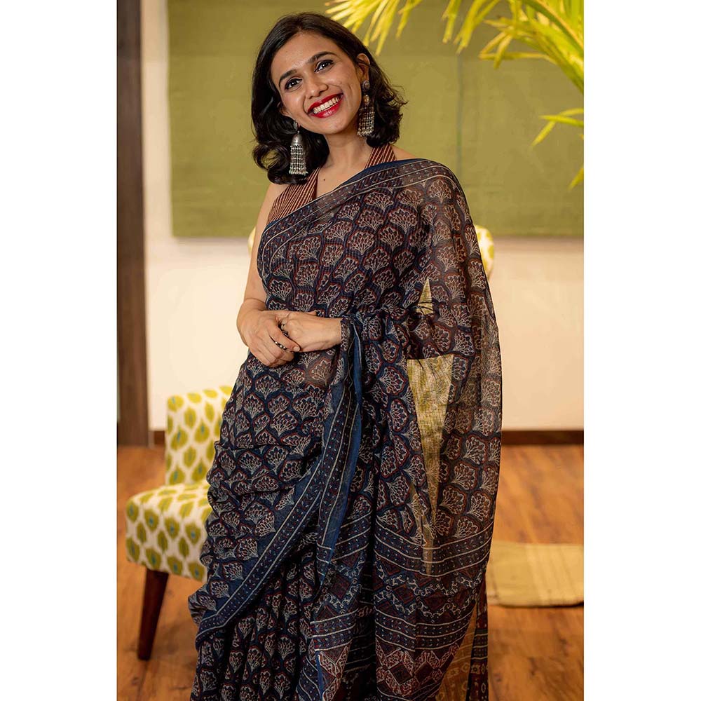 The Indian Ethnic Co. Ajrakh Natural Dyed Kota Doria Saree with Unstitched Blouse