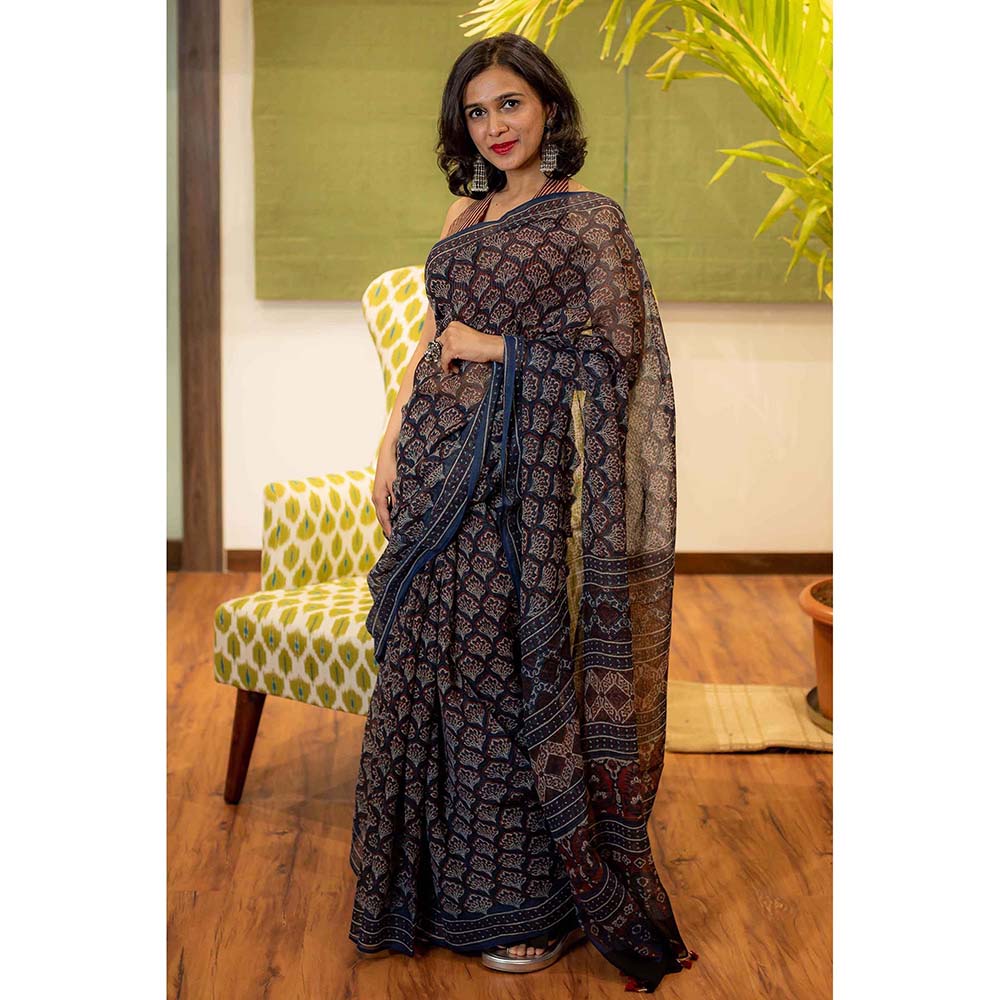 The Indian Ethnic Co. Ajrakh Natural Dyed Kota Doria Saree with Unstitched Blouse