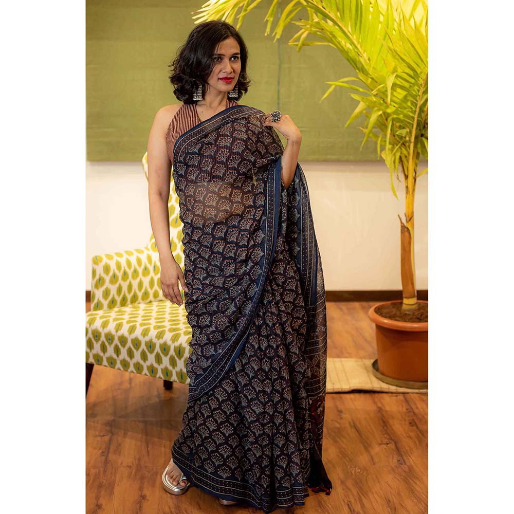 The Indian Ethnic Co. Ajrakh Natural Dyed Kota Doria Saree with Unstitched Blouse