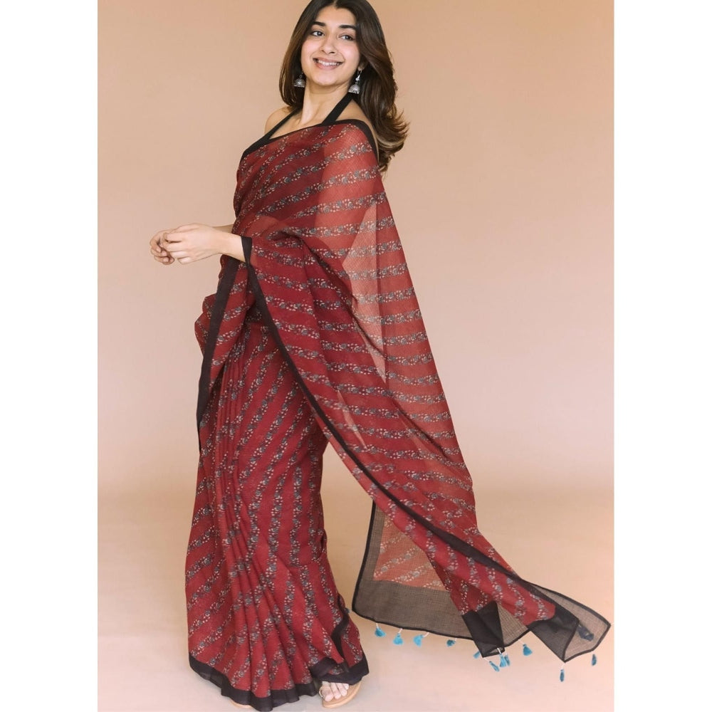 The Indian Ethnic Co. Maroon Print Kota Doria Cotton Saree with Unstitched Blouse