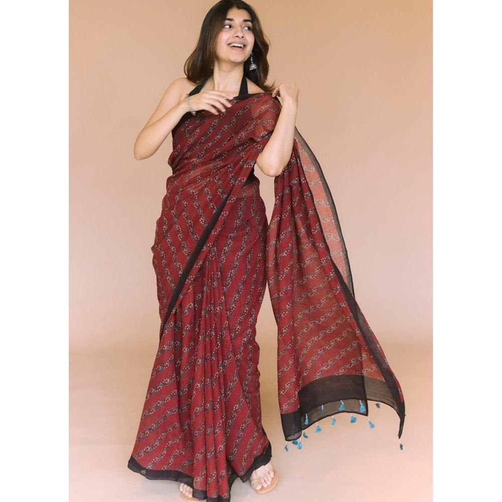 The Indian Ethnic Co. Maroon Print Kota Doria Cotton Saree with Unstitched Blouse
