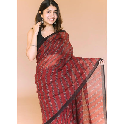 The Indian Ethnic Co. Maroon Print Kota Doria Cotton Saree with Unstitched Blouse
