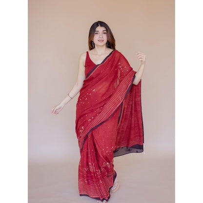 The Indian Ethnic Co. Red Ajrakh Hand Block Print Mul Saree with Unstitched Blouse