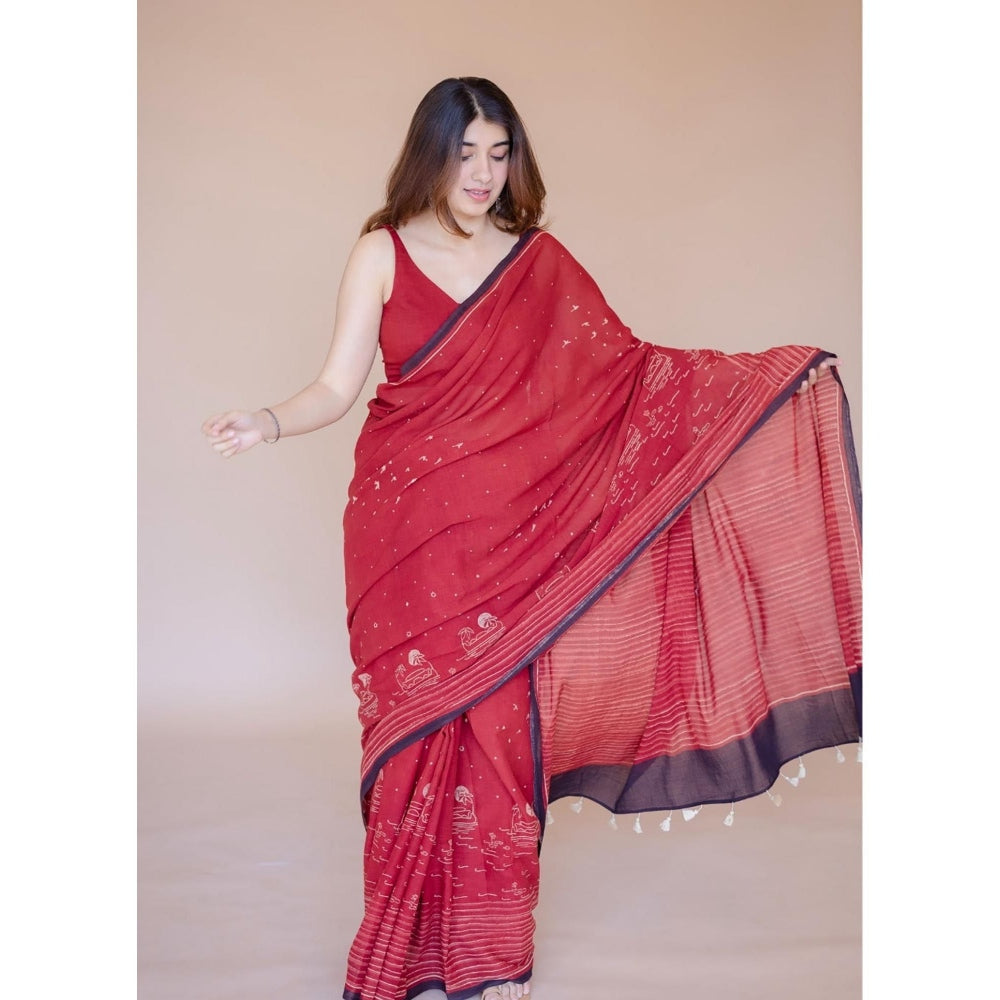 The Indian Ethnic Co. Red Ajrakh Hand Block Print Mul Saree with Unstitched Blouse