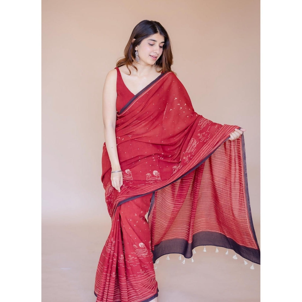 The Indian Ethnic Co. Red Ajrakh Hand Block Print Mul Saree with Unstitched Blouse