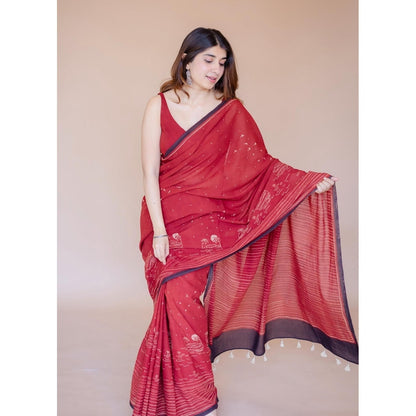 The Indian Ethnic Co. Red Ajrakh Hand Block Print Mul Saree with Unstitched Blouse