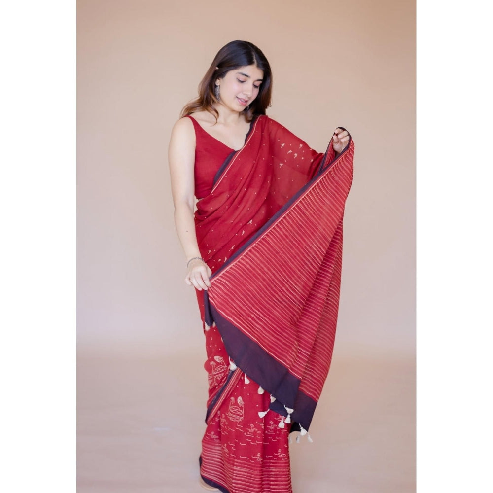 The Indian Ethnic Co. Red Ajrakh Hand Block Print Mul Saree with Unstitched Blouse